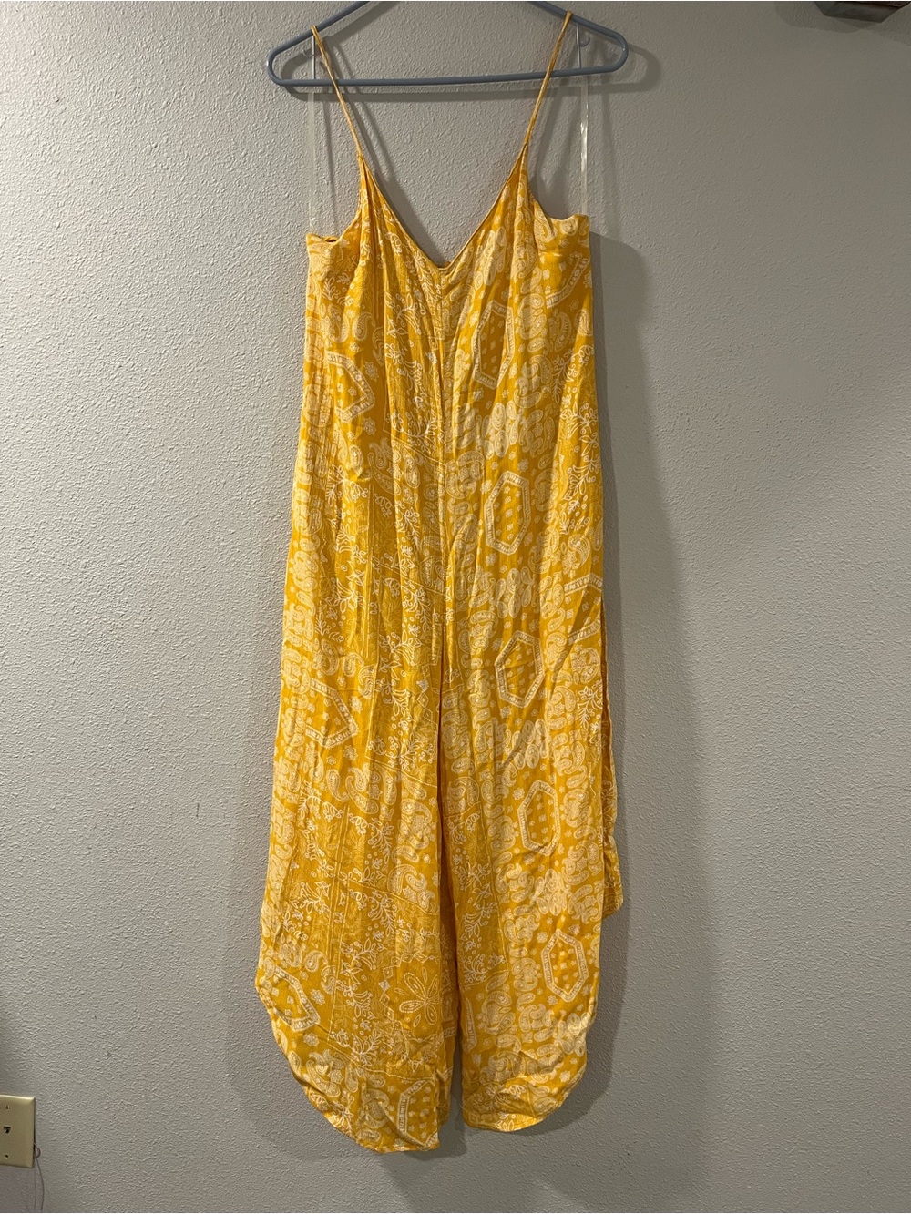 Yellow bandana paisley Spaghetti-Strap romper jumpsuit wide leg